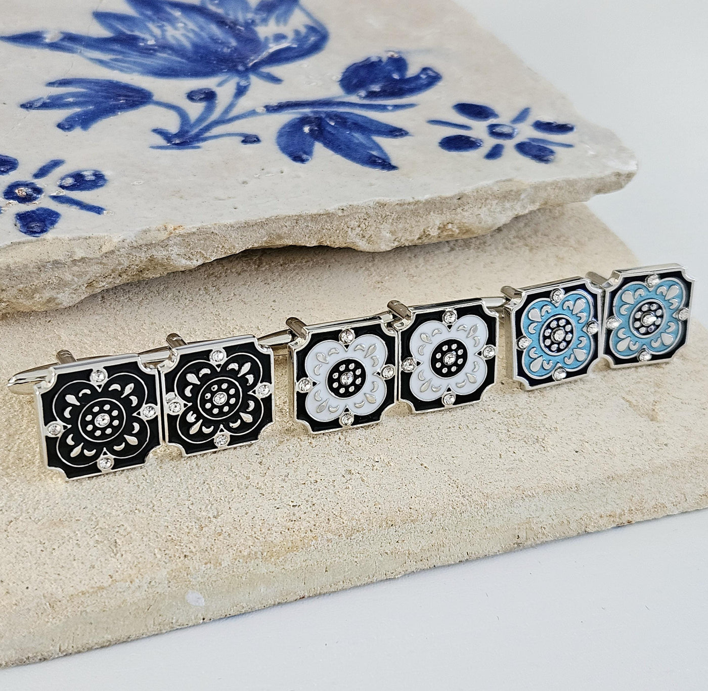 Portugal Tile White Enamel Cufflink Azulejo Majolica Black White Steel Luxury Cufflink Portuguese Groom Wedding Corporate Suit Cufflink Gift