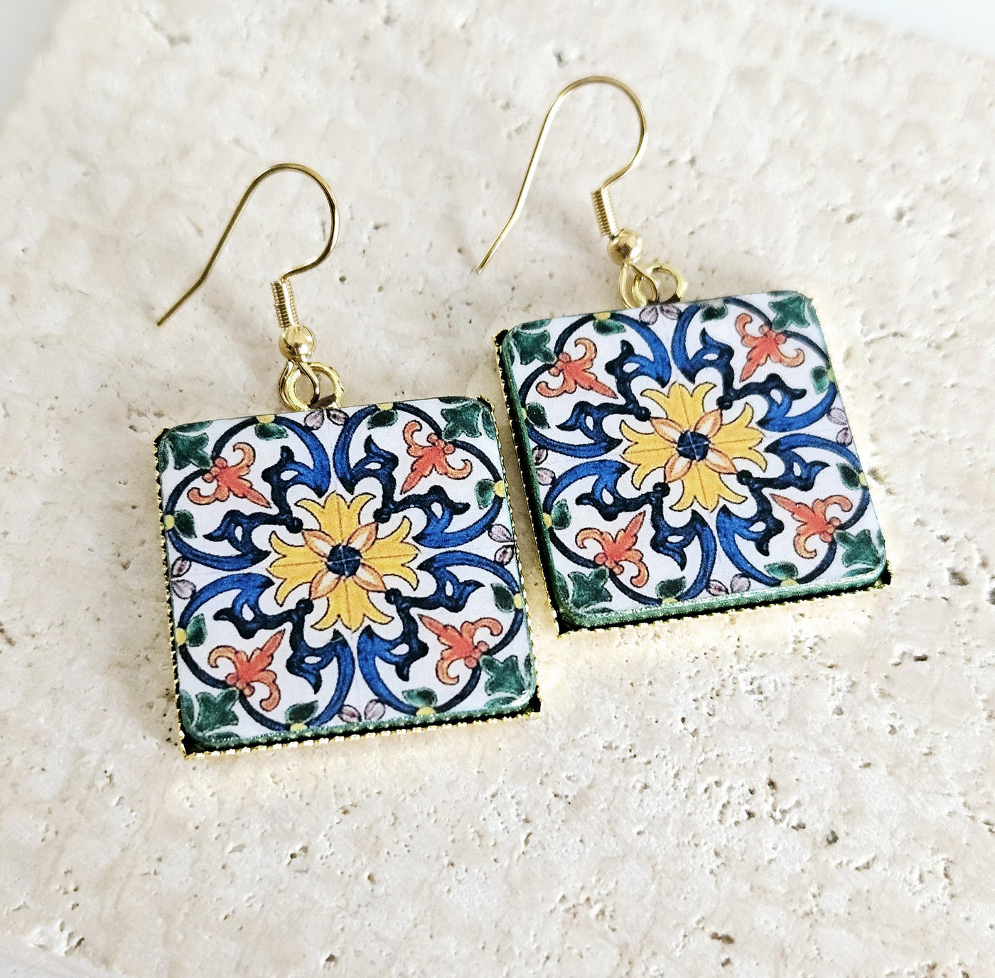 Antique 18th Century Majolica Tile Earring Square Portugal Azulejo Drop Earring Silver Blue Earring Traditional Coimbra Tile Earring Gift