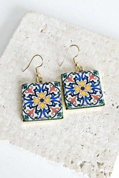 Antique 18th Century Majolica Tile Earring Square Portugal Azulejo Drop Earring Silver Blue Earring Traditional Coimbra Tile Earring Gift