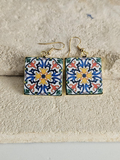 Antique 18th Century Majolica Tile Earring Square Portugal Azulejo Drop Earring Silver Blue Earring Traditional Coimbra Tile Earring Gift