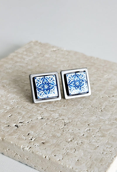 Small Antique Tile Silver STEEL Post Earring Portuguese Tile Square Blue White Geometric Gift Azulejo Jewelry Handmade Travel Gift Souvenir