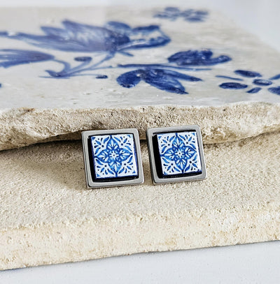 Small Antique Tile Silver STEEL Post Earring Portuguese Tile Square Blue White Geometric Gift Azulejo Jewelry Handmade Travel Gift Souvenir