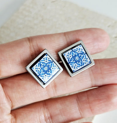 Small Antique Tile Silver STEEL Post Earring Portuguese Tile Square Blue White Geometric Gift Azulejo Jewelry Handmade Travel Gift Souvenir