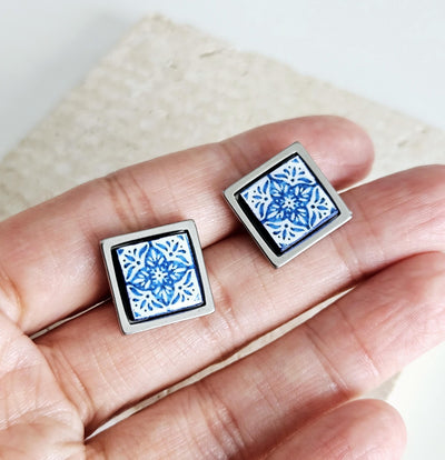 Small Antique Tile Silver STEEL Post Earring Portuguese Tile Square Blue White Geometric Gift Azulejo Jewelry Handmade Travel Gift Souvenir