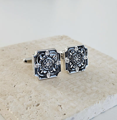 Portugal Tile Black Enamel Cufflink Azulejo Majolica Black White Steel Luxury Cufflink Portuguese Groom Wedding Corporate Suit Cufflink Gift