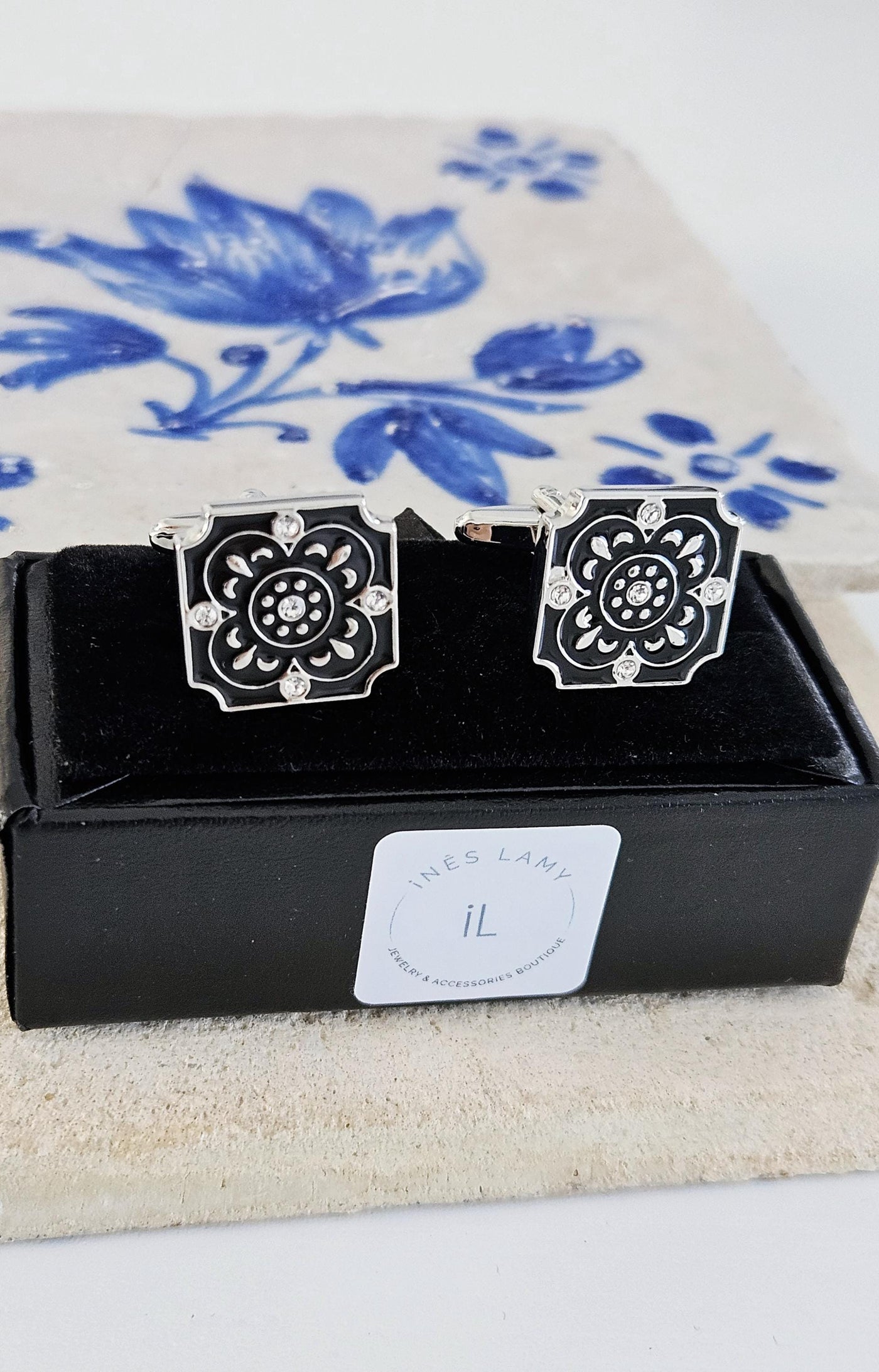 Portugal Tile Black Enamel Cufflink Azulejo Majolica Black White Steel Luxury Cufflink Portuguese Groom Wedding Corporate Suit Cufflink Gift