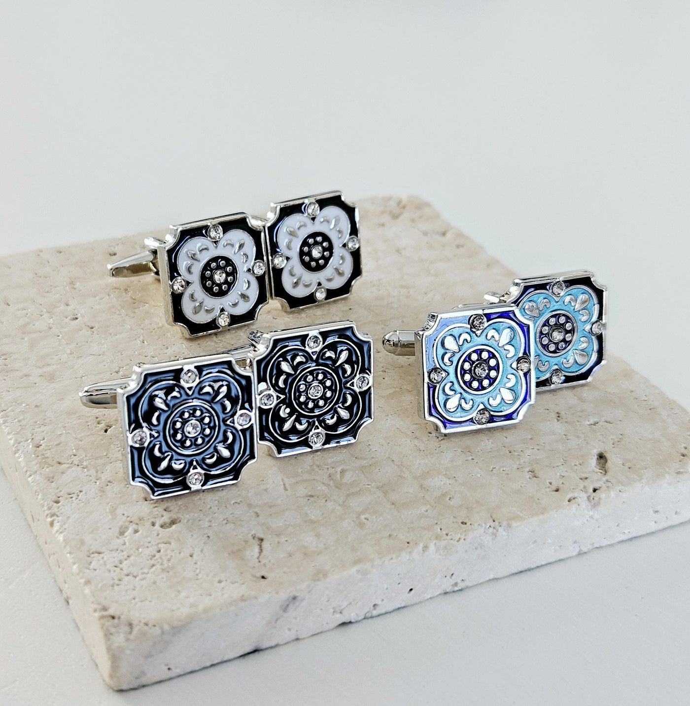 Portugal Tile White Enamel Cufflink Azulejo Majolica Black White Steel Luxury Cufflink Portuguese Groom Wedding Corporate Suit Cufflink Gift