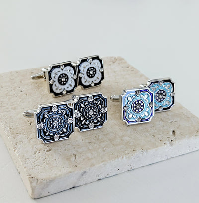 Portugal Tile White Enamel Cufflink Azulejo Majolica Black White Steel Luxury Cufflink Portuguese Groom Wedding Corporate Suit Cufflink Gift