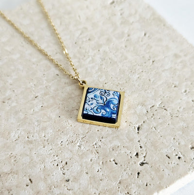 GOLD Aveiro Tile Charm Necklace Portuguese Blue White Tile Azulejo Gold Pendant Steel Square Necklace Tile Portugal Gift Handmade Souvenir