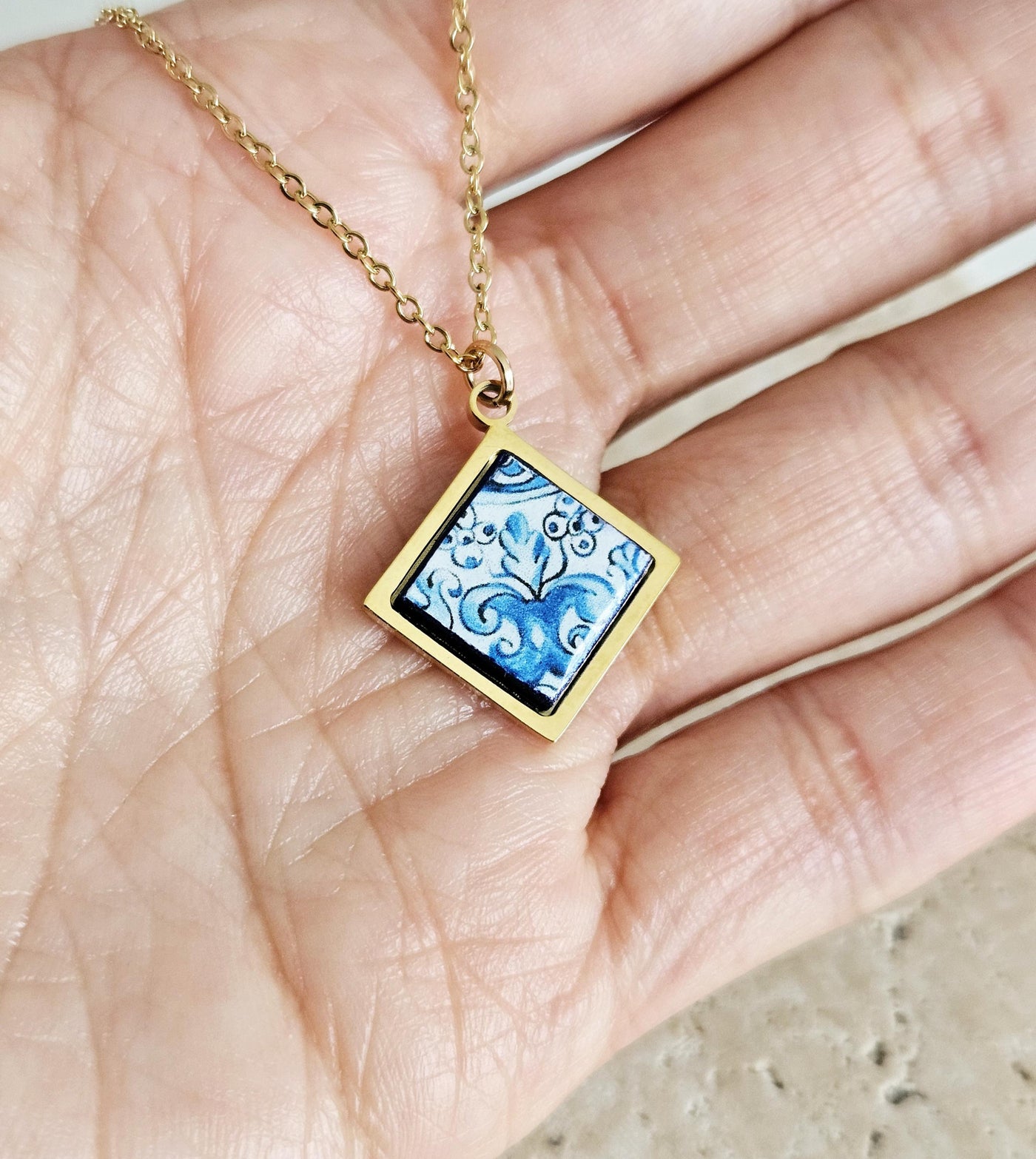 GOLD Aveiro Tile Charm Necklace Portuguese Blue White Tile Azulejo Gold Pendant Steel Square Necklace Tile Portugal Gift Handmade Souvenir