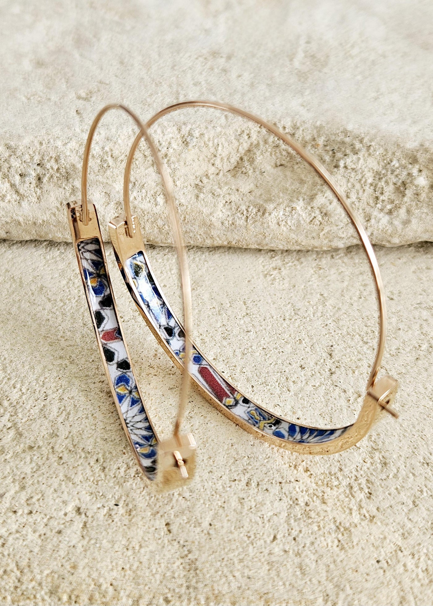 Moroccan Arab Tile GOLD HOOP Earring Lightweight Steel Iznik Azulejo Hoop Historical Jewelry Flat Hoop Earring Mom Gift Women Jewelry