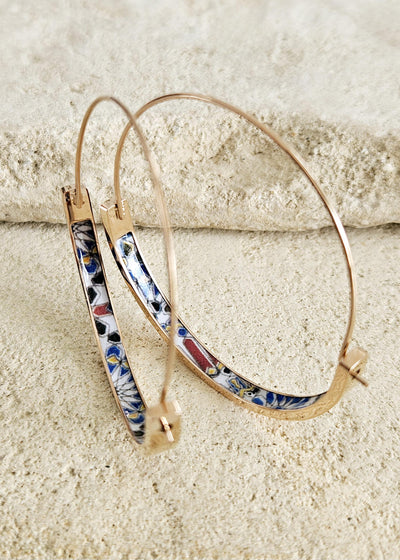 Moroccan Arab Tile GOLD HOOP Earring Lightweight Steel Iznik Azulejo Hoop Historical Jewelry Flat Hoop Earring Mom Gift Women Jewelry