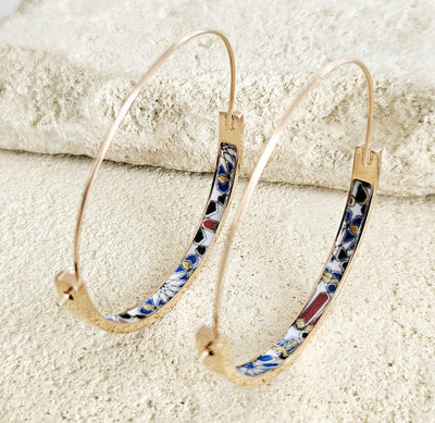 Moroccan Arab Tile GOLD HOOP Earring Lightweight Steel Iznik Azulejo Hoop Historical Jewelry Flat Hoop Earring Mom Gift Women Jewelry