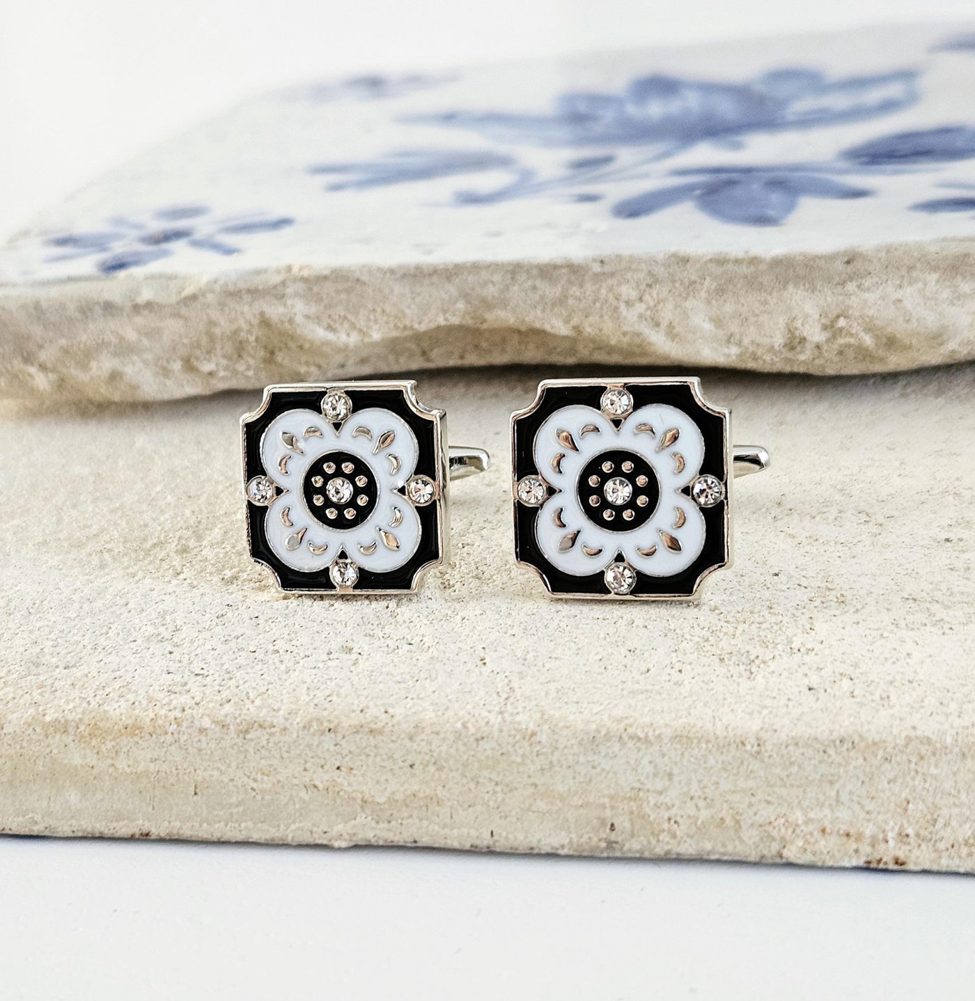 Portugal Tile White Enamel Cufflink Azulejo Majolica Black White Steel Luxury Cufflink Portuguese Groom Wedding Corporate Suit Cufflink Gift