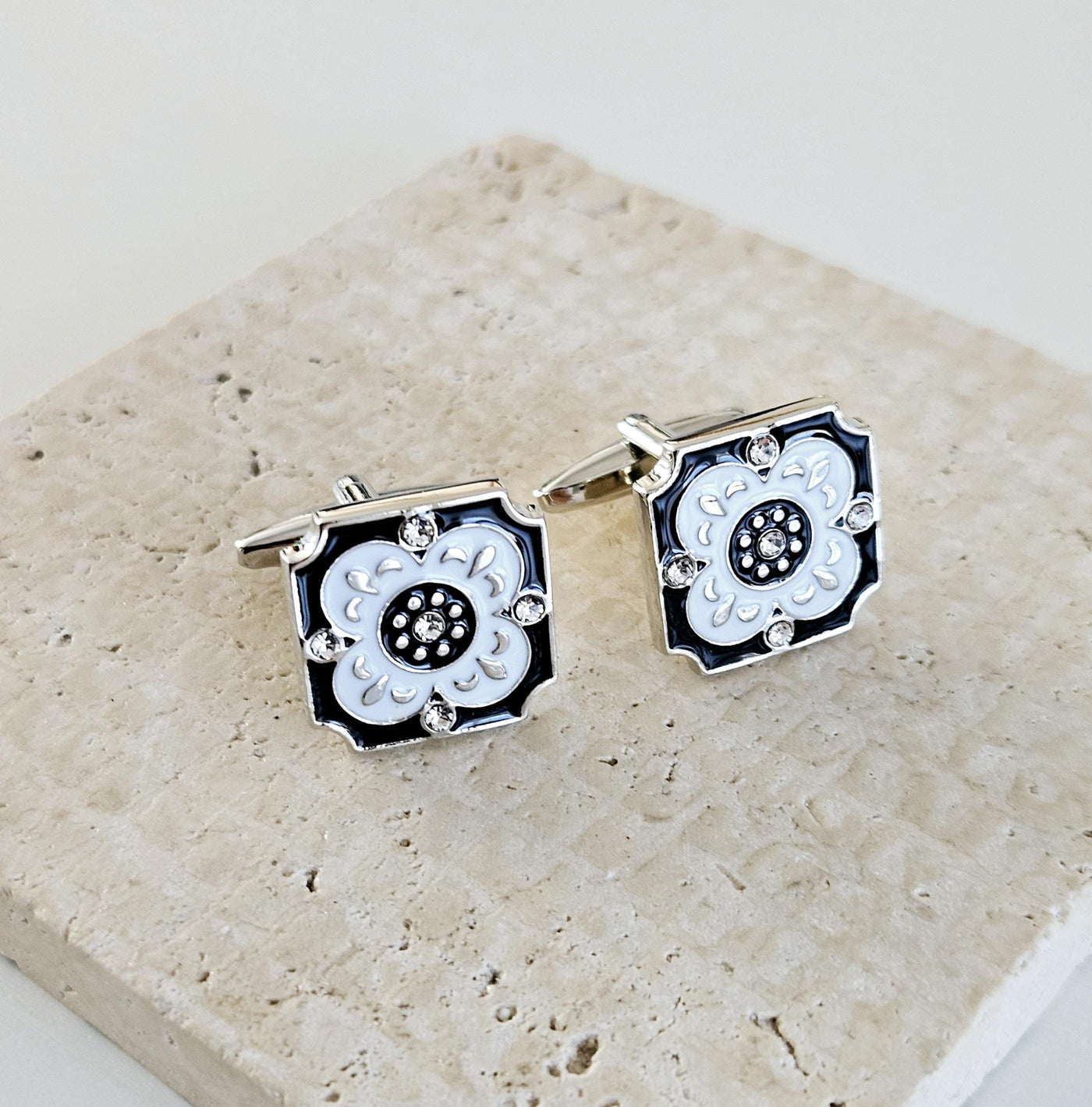 Portugal Tile White Enamel Cufflink Azulejo Majolica Black White Steel Luxury Cufflink Portuguese Groom Wedding Corporate Suit Cufflink Gift