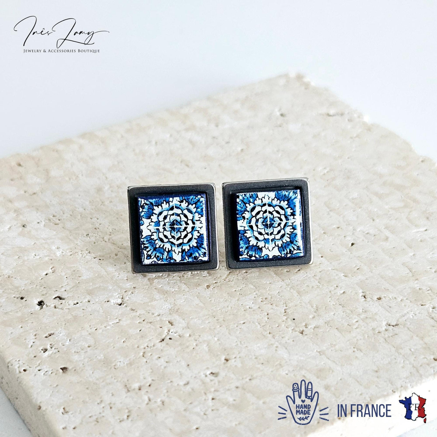 Small Antique Tile Silver STEEL Post Earring Portuguese Tile Square Blue White Geometric Gift Azulejo Jewelry Handmade Travel Gift Souvenir