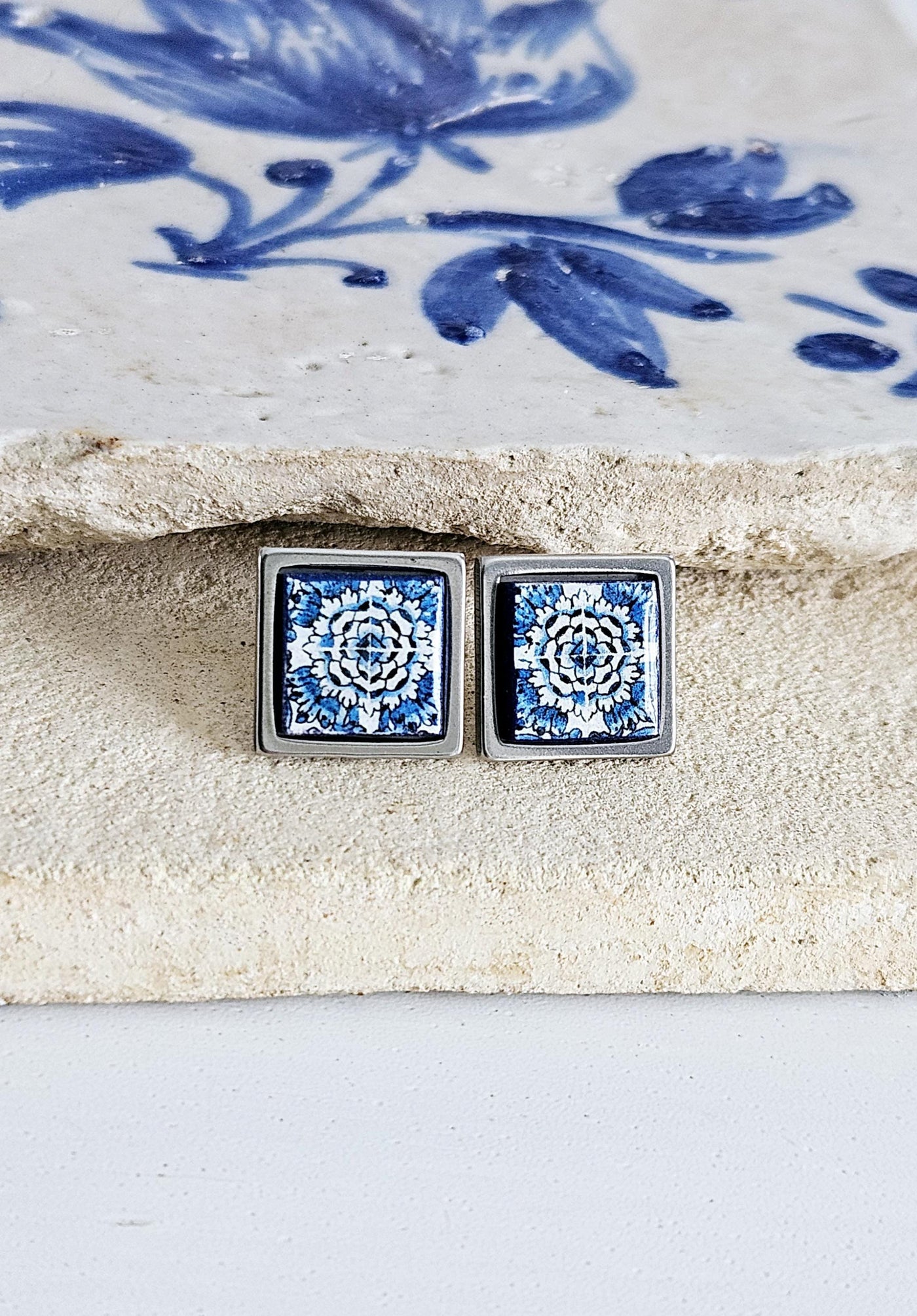 Small Antique Tile Silver STEEL Post Earring Portuguese Tile Square Blue White Geometric Gift Azulejo Jewelry Handmade Travel Gift Souvenir