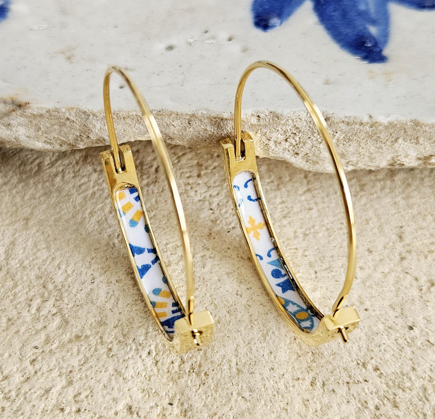 Portugal Tile 1.2'' GOLD HOOP Earring Lightweight STEEL Azulejo Silver Flat Hoops Historical Jewelry Christmas Gift Travel Handmade Gift