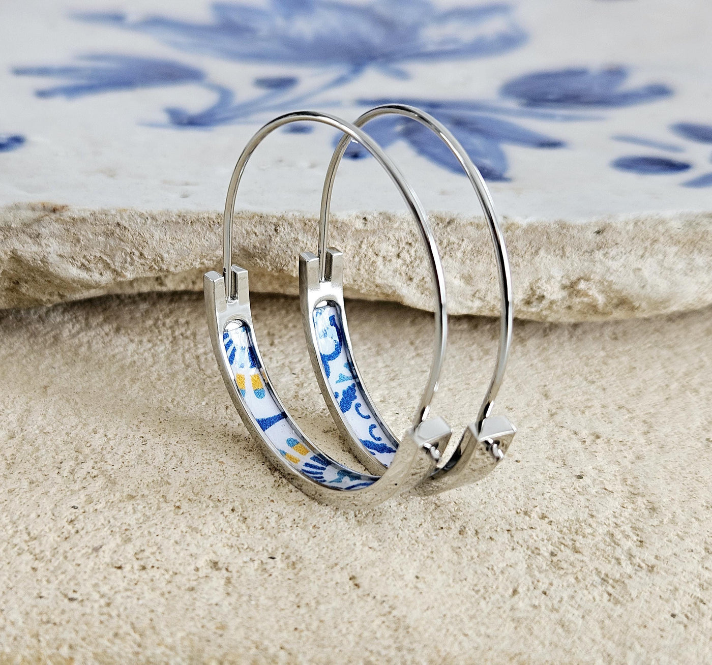 Portugal Tile 1.2'' GOLD HOOP Earring Lightweight STEEL Azulejo Silver Flat Hoops Historical Jewelry Christmas Gift Travel Handmade Gift