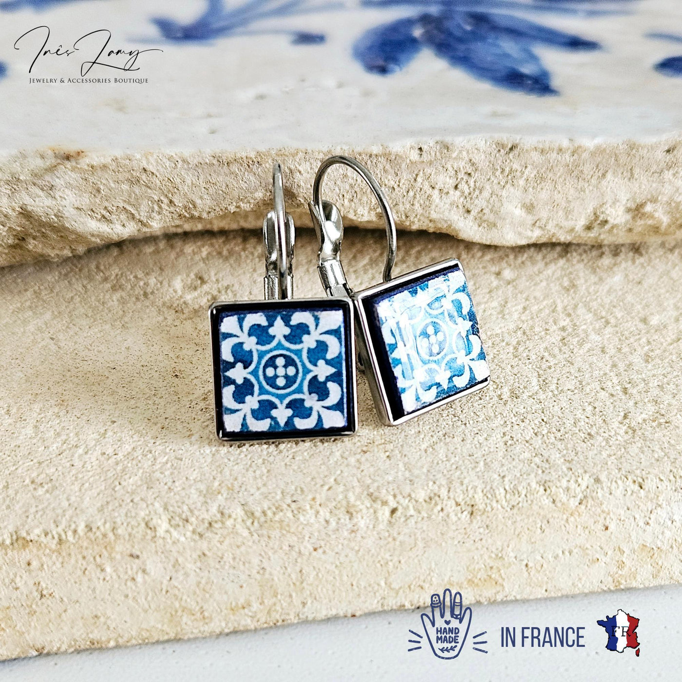 Majolica Azulejo Earring Tile Stainless STEEL Drop Square Geometric Earring Gift Blue Tile Earring Silver Gold Mediterranean Travel Gift