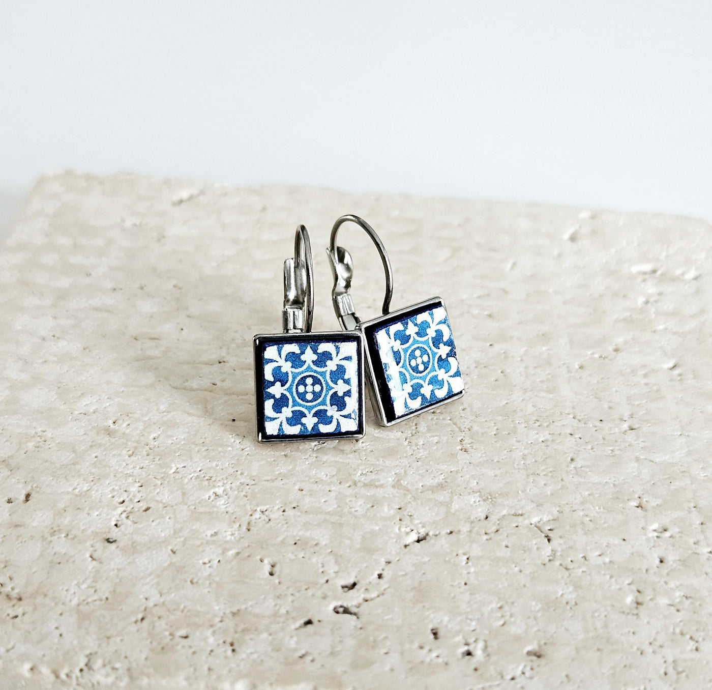 Majolica Azulejo Earring Tile Stainless STEEL Drop Square Geometric Earring Gift Blue Tile Earring Silver Gold Mediterranean Travel Gift