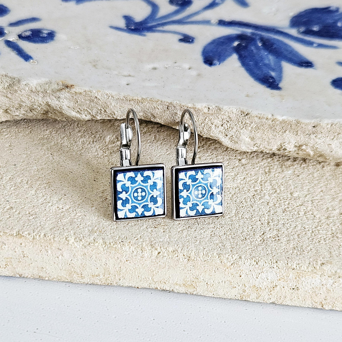 Majolica Azulejo Earring Tile Stainless STEEL Drop Square Geometric Earring Gift Blue Tile Earring Silver Gold Mediterranean Travel Gift