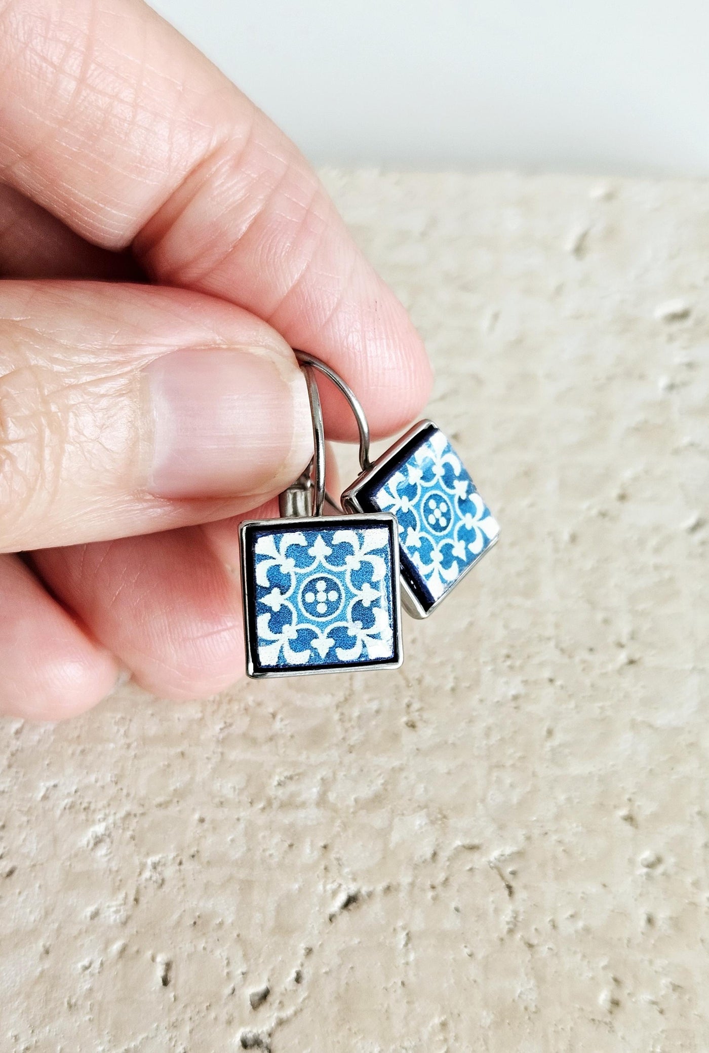 Majolica Azulejo Earring Tile Stainless STEEL Drop Square Geometric Earring Gift Blue Tile Earring Silver Gold Mediterranean Travel Gift