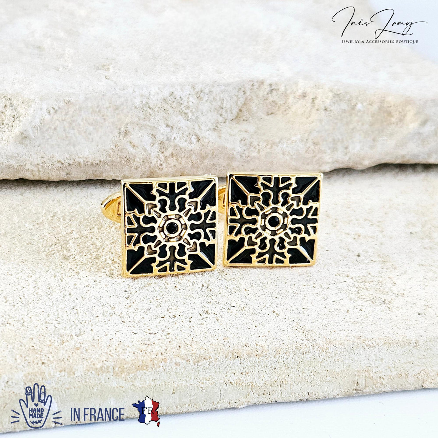 GOLD & BLACK Portugal Tile Enamel Cufflinks Azulejo Majolica Steel Luxury Cufflink Portuguese Groom Wedding Gift Corporate Costume Cufflinks