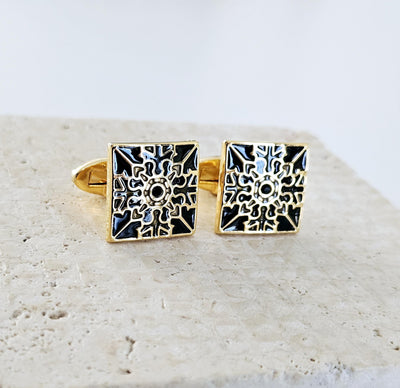 GOLD & BLACK Portugal Tile Enamel Cufflinks Azulejo Majolica Steel Luxury Cufflink Portuguese Groom Wedding Gift Corporate Costume Cufflinks