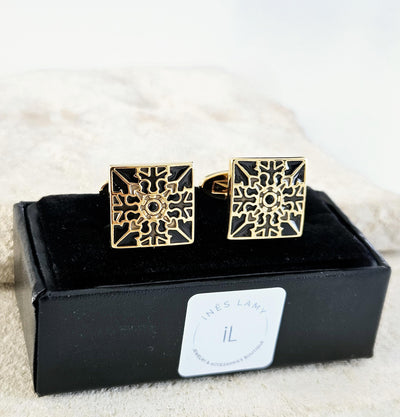 GOLD & BLACK Portugal Tile Enamel Cufflinks Azulejo Majolica Steel Luxury Cufflink Portuguese Groom Wedding Gift Corporate Costume Cufflinks