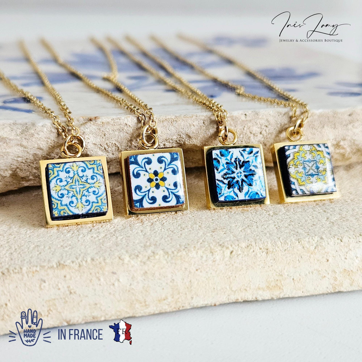 GOLD Blue Tile Charm Necklace Portuguese Blue White Tile Azulejo Pendant Steel Square Necklace Tile Portugal Azores Gift Handmade Souvenir