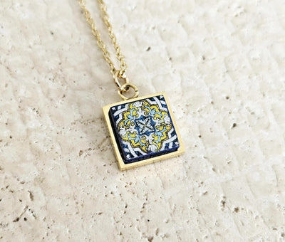 GOLD Blue Tile Charm Necklace Portuguese Blue White Tile Azulejo Pendant Steel Square Necklace Tile Portugal Azores Gift Handmade Souvenir