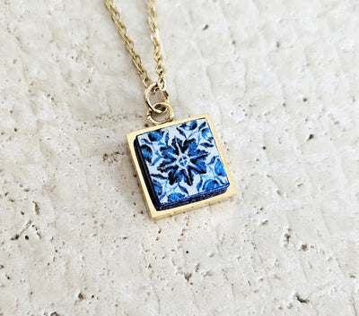 GOLD Blue Tile Charm Necklace Portuguese Blue White Tile Azulejo Pendant Steel Square Necklace Tile Portugal Azores Gift Handmade Souvenir