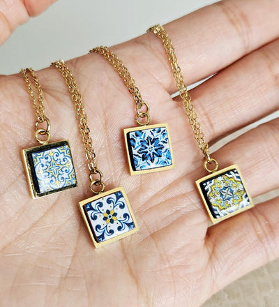 GOLD Blue Tile Charm Necklace Portuguese Blue White Tile Azulejo Pendant Steel Square Necklace Tile Portugal Azores Gift Handmade Souvenir