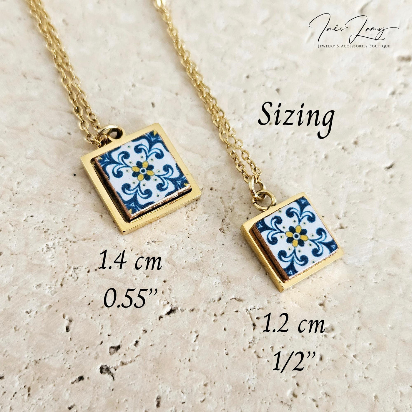 GOLD Blue Tile Charm Necklace Portuguese Blue White Tile Azulejo Pendant Steel Square Necklace Tile Portugal Azores Gift Handmade Souvenir