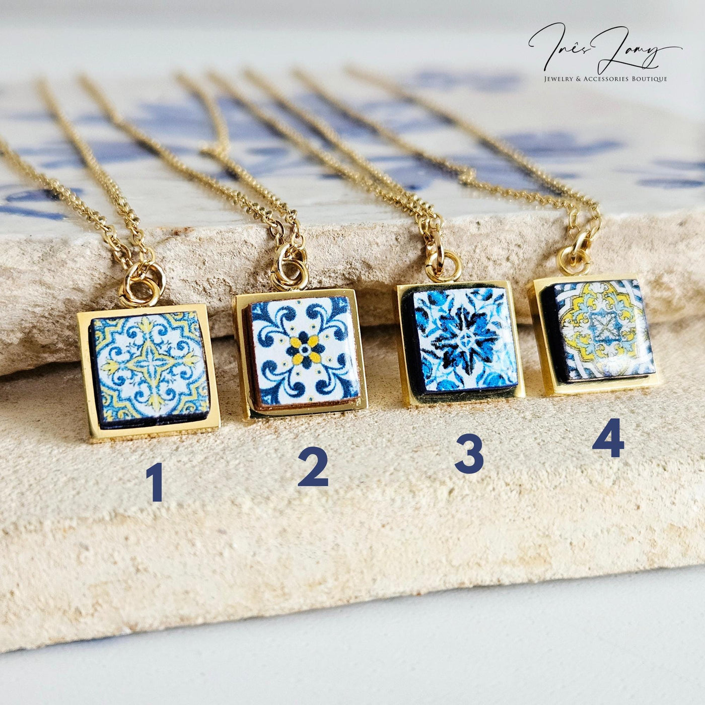 GOLD Blue Tile Charm Necklace Portuguese Blue White Tile Azulejo Pendant Steel Square Necklace Tile Portugal Azores Gift Handmade Souvenir