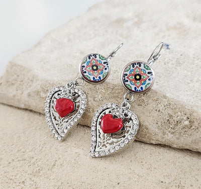 Mexican Round Tile Heart Milagros Earring Fiesta Red Silver STEEL Earring Talavera Mexico Tile Jewelry Spanish Tile Drop Heart Earring