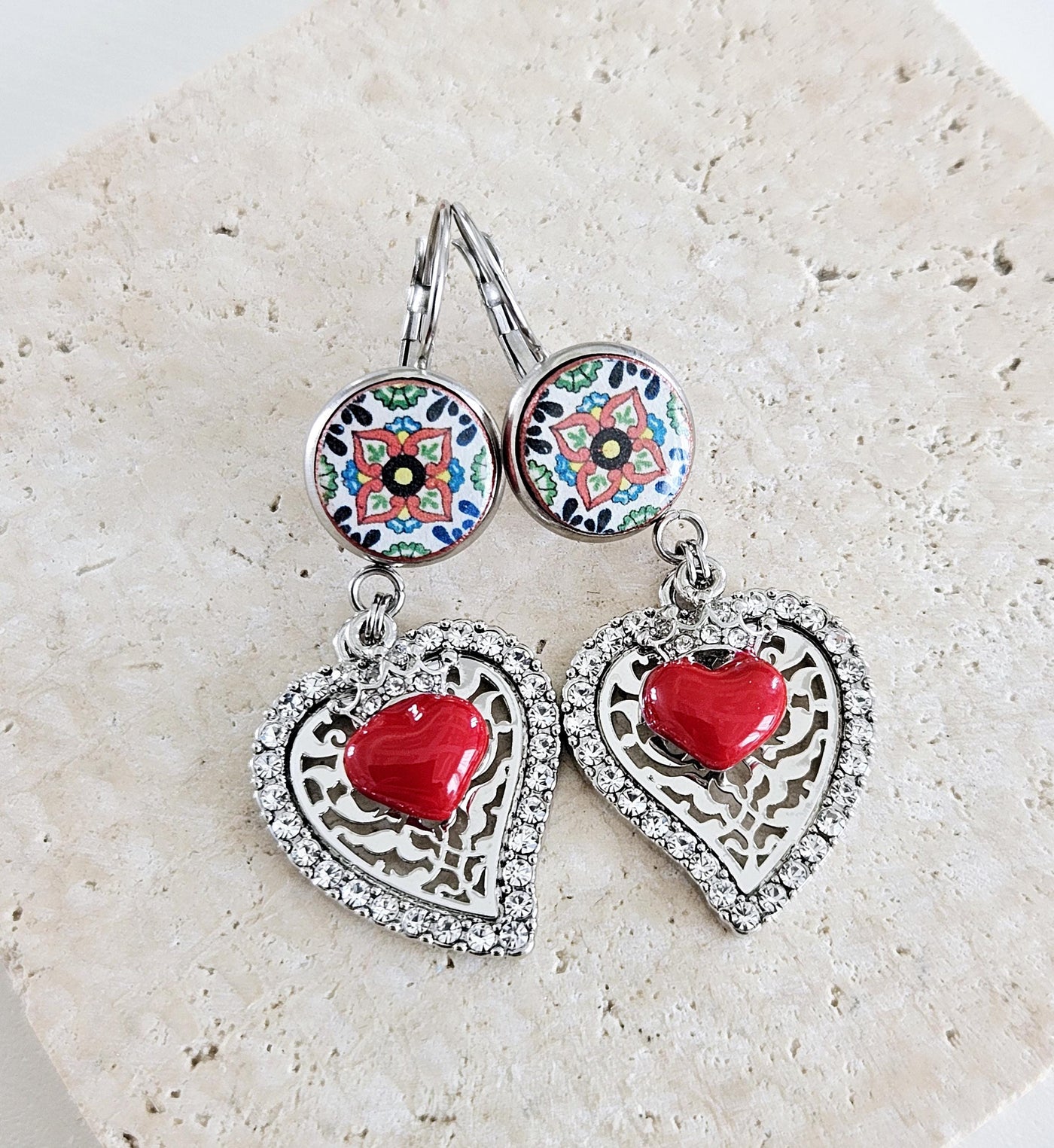 Mexican Round Tile Heart Milagros Earring Fiesta Red Silver STEEL Earring Talavera Mexico Tile Jewelry Spanish Tile Drop Heart Earring