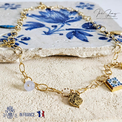 CHARM Tile Gold Paperclip Necklace Portuguese Heart Charm Stainless Steel Delicate Charm Necklace Gold Jewelry Fish Sardine Blue Stone Charm