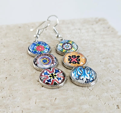 Mexican Tile Round Bar Earring Long Earring Mexico Colorful Jewelry Silver STEEL Mixed Tile Earring Mismatched Tile Handcrafted Woman Gift