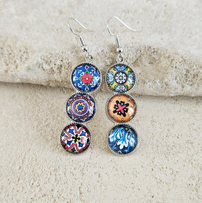 Mexican Tile Round Bar Earring Long Earring Mexico Colorful Jewelry Silver STEEL Mixed Tile Earring Mismatched Tile Handcrafted Woman Gift