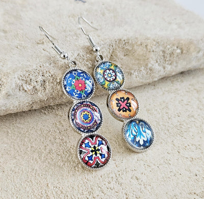 Mexican Tile Round Bar Earring Long Earring Mexico Colorful Jewelry Silver STEEL Mixed Tile Earring Mismatched Tile Handcrafted Woman Gift