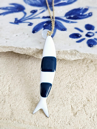 Portuguese Sardine Necklace Fish Blue White Enamel Pendant Gold Silver Sea Animal Long Fish Sardine Jewelry Gift Portugal Souvenir Gift