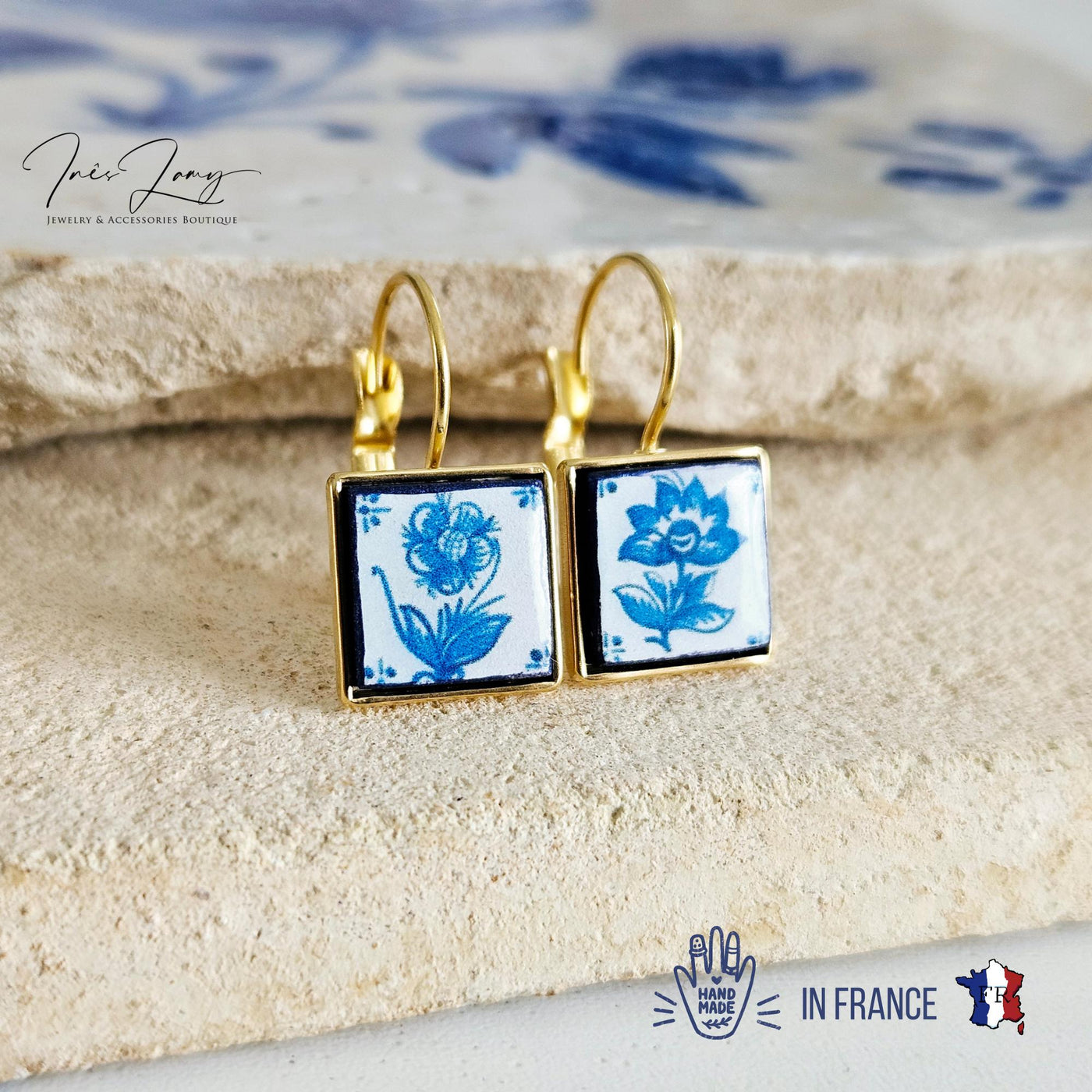 Mismatched Delft Flower Tile Earring Stainless STEEL Drop Square Geometric Gift Blue Azulejo Earring Silver Gold Mediterranean Travel Gift