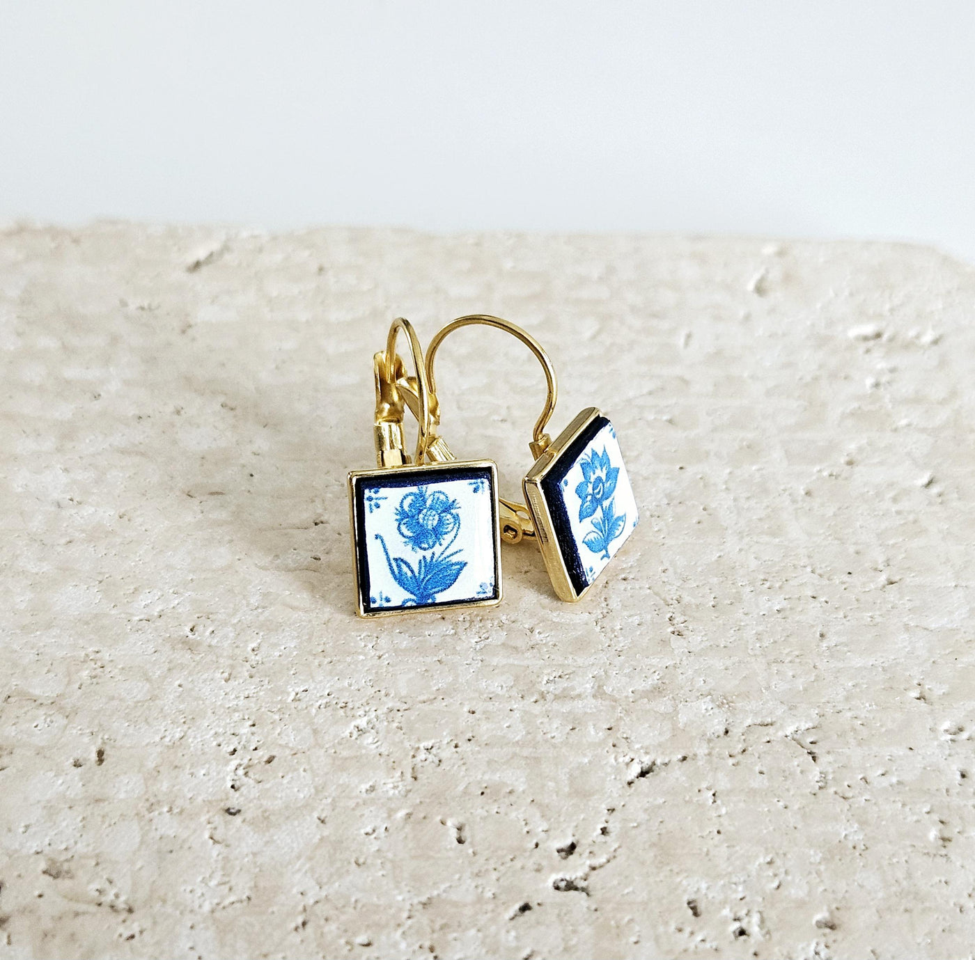 Mismatched Delft Flower Tile Earring Stainless STEEL Drop Square Geometric Gift Blue Azulejo Earring Silver Gold Mediterranean Travel Gift