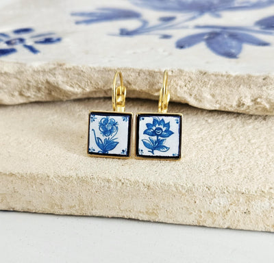 Mismatched Delft Flower Tile Earring Stainless STEEL Drop Square Geometric Gift Blue Azulejo Earring Silver Gold Mediterranean Travel Gift