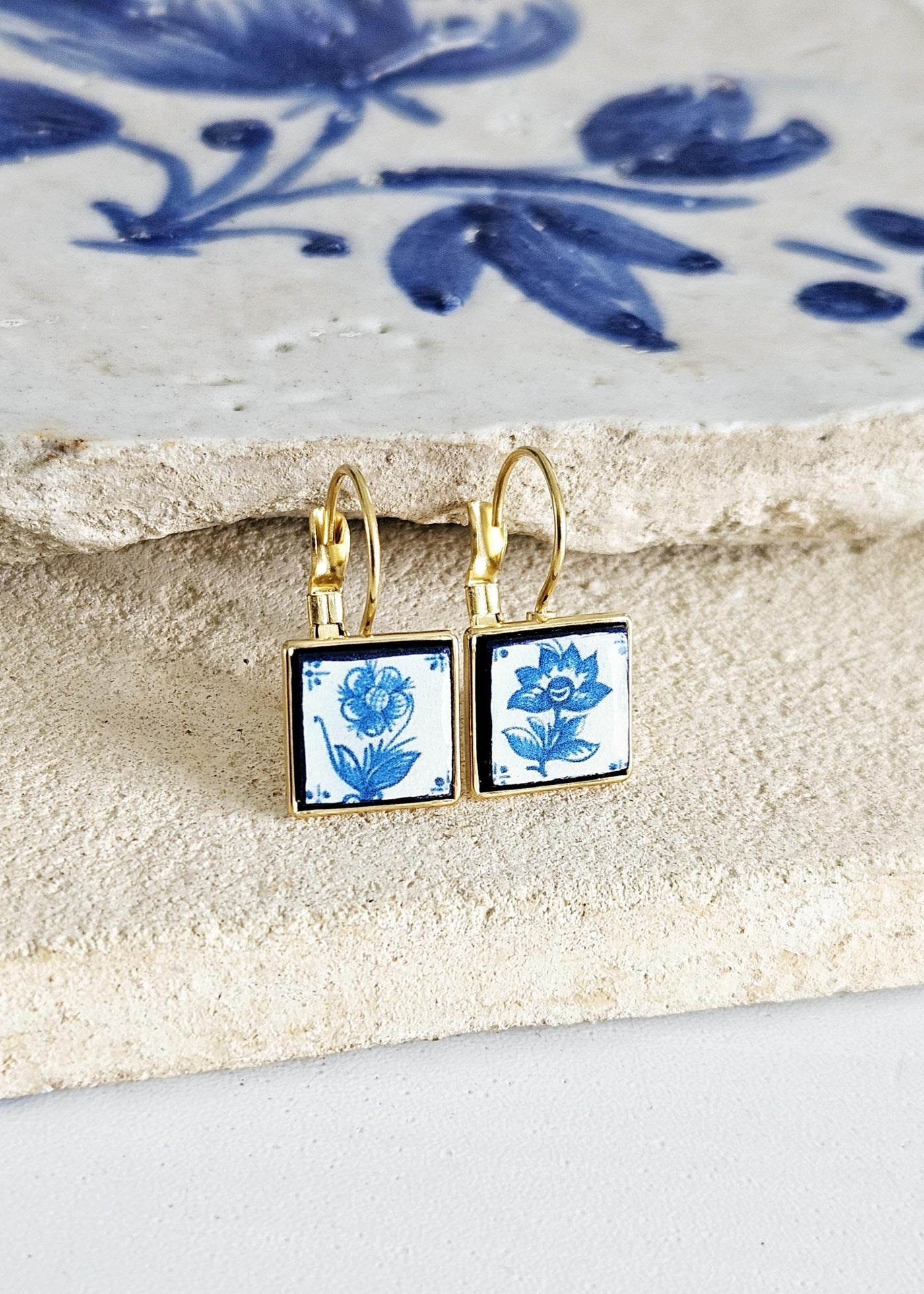 Mismatched Delft Flower Tile Earring Stainless STEEL Drop Square Geometric Gift Blue Azulejo Earring Silver Gold Mediterranean Travel Gift