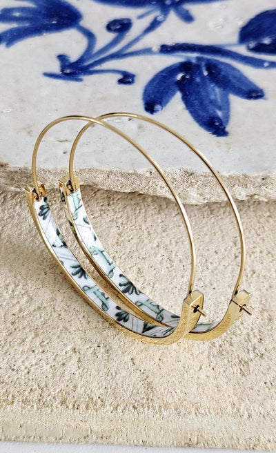 Green GOLD HOOP Tile Earring Portugal Lightweight STEEL Azulejo Rose Gold Hoop Historical Jewelry Women Portuguese Tile Earring Summer Gift