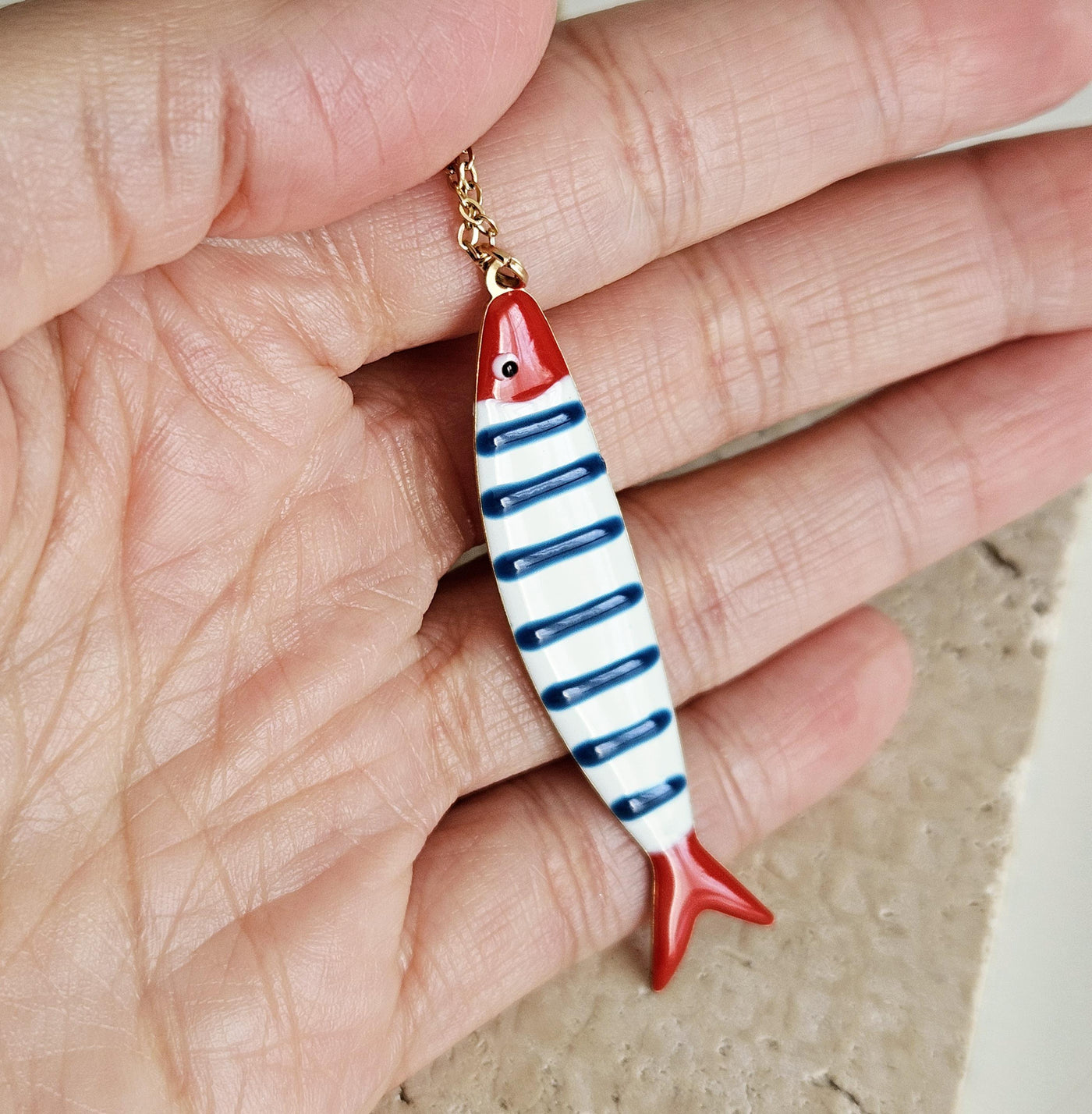 Portuguese Sardine Necklace Fish Blue Red White Enamel Pendant Gold Silver Sea Animal Long Fish Sardine Jewelry Gift Portugal Souvenir Gift