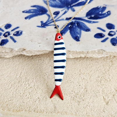 Portuguese Sardine Necklace Fish Blue Red White Enamel Pendant Gold Silver Sea Animal Long Fish Sardine Jewelry Gift Portugal Souvenir Gift